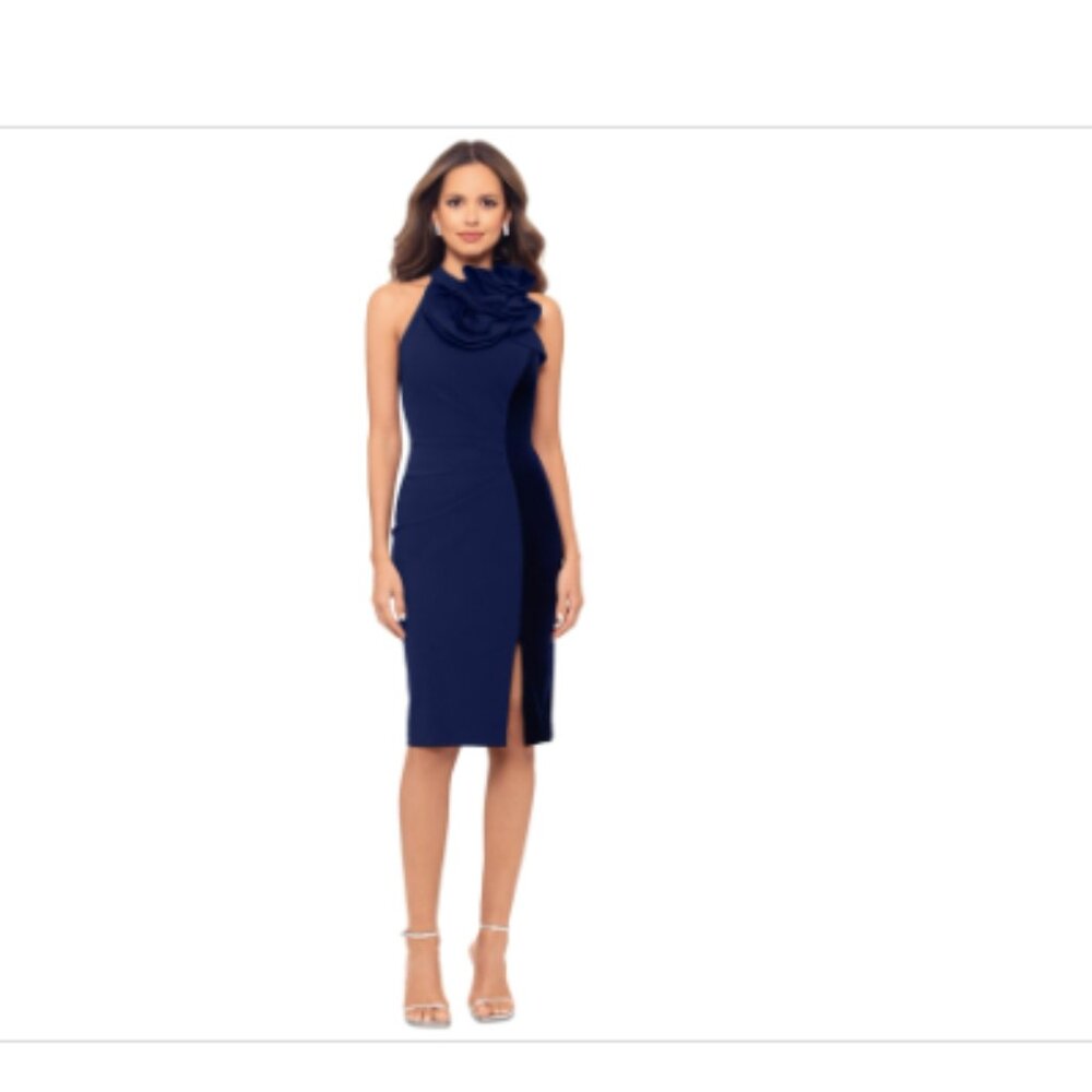 Betsy & Adam Women's Ruffled Halter Velvet-Trim Sleeveless Sheath Dress - Navy